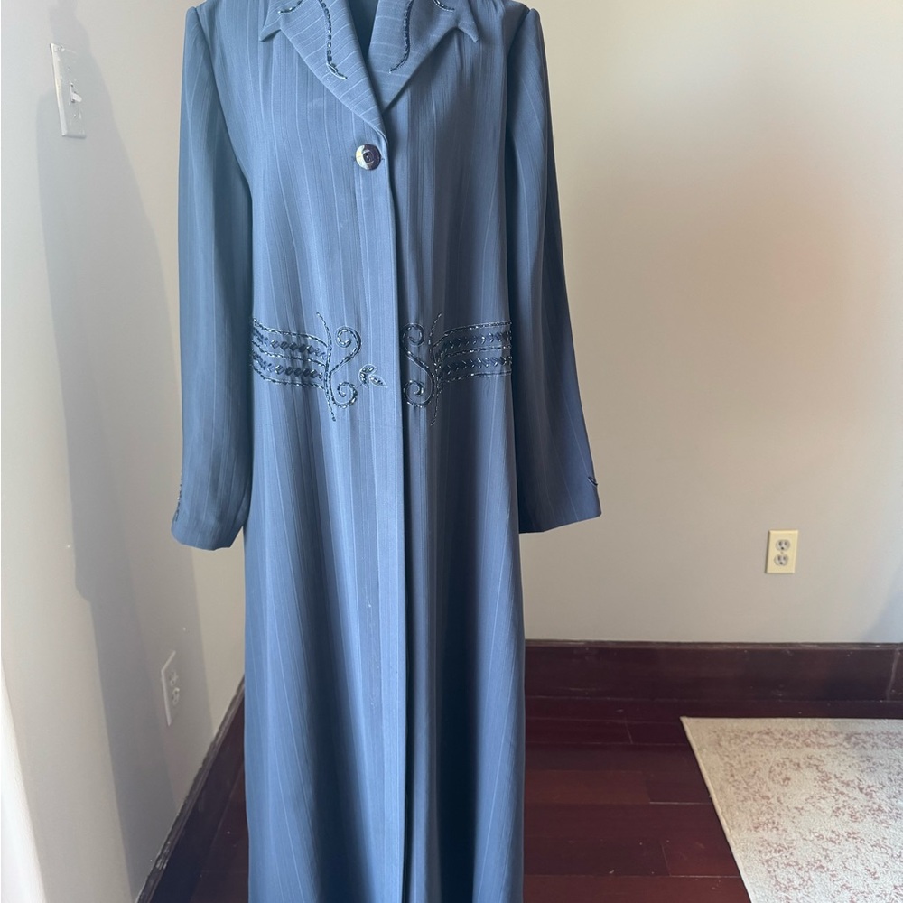 Elegant Blue Long Coat with Embroidered Details